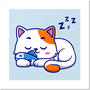 Cute Cat Sleeping With Fish Cartoon Posters and Art